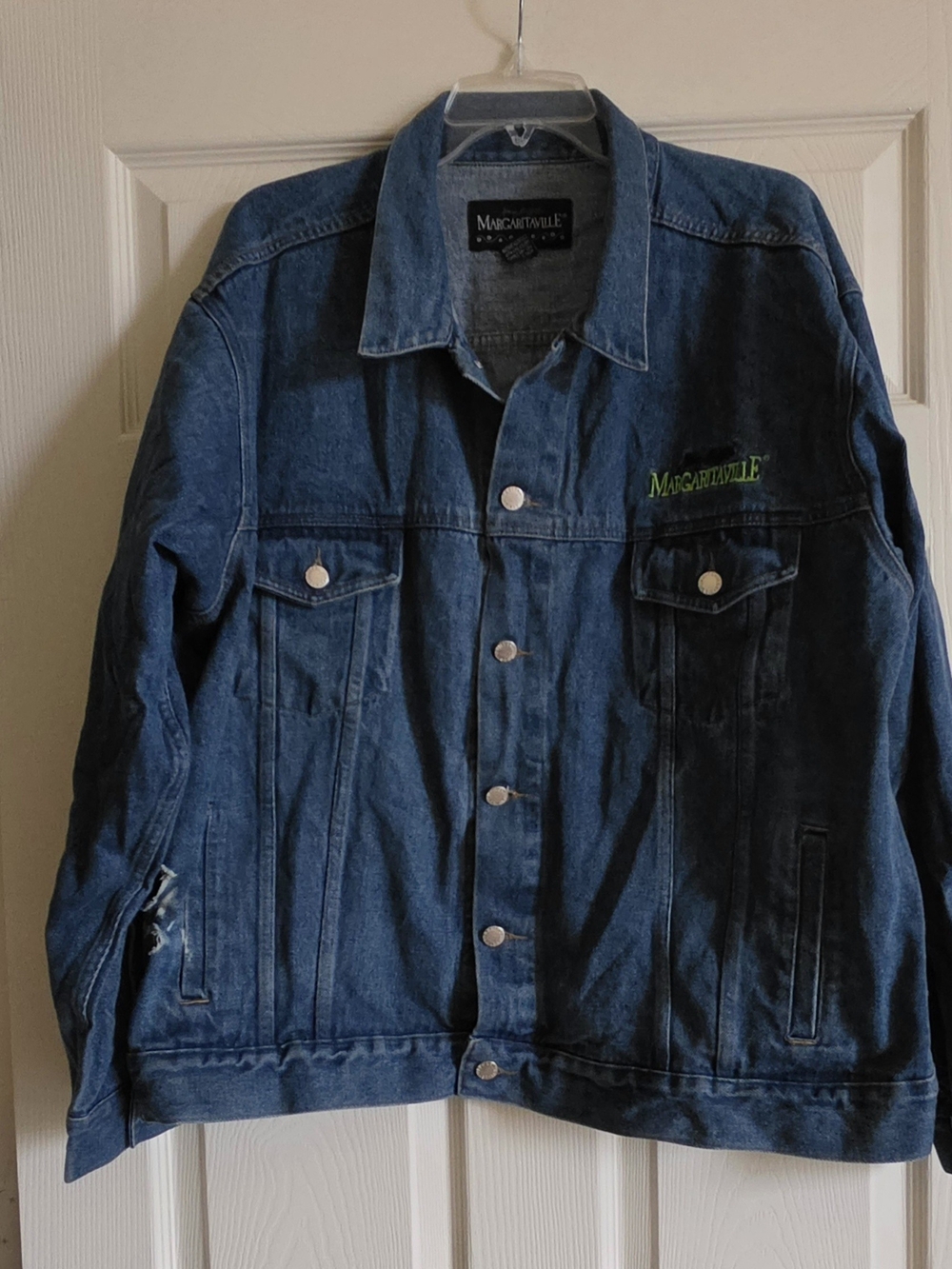 Vintage Mens Xl Margaritaville Dark Blue Denim Jacket with Green Logo Embroidery